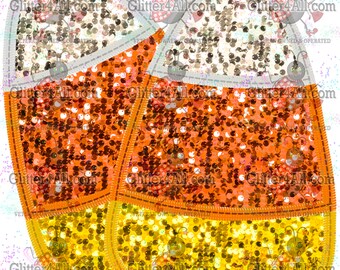 Op de afbeelding: Twee glinsterende snoepmaïsvormen met witte, oranje en gele secties. De snoepmaïsvormen zijn gevuld met pailletten en glitter. De afbeelding heeft de tekst "Glitter4All.com" en "VETERAN OWNED & OPERATED" op de achtergrond.