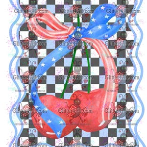 May include: A watercolor illustration of two red cherries with green stems and leaves. The cherries are tied together with a blue and white ribbon with stars. The background is a black and white checkered pattern with the text "Veteran Owned & Operated" repeated around the border.