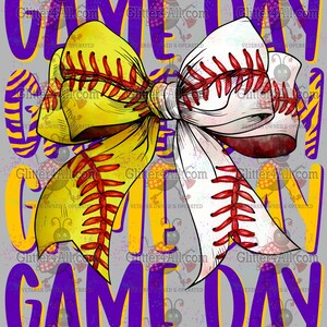 May include: A graphic design featuring a softball and baseball bow with the words "GAME DAY" in purple and yellow. The bow has a yellow softball and a white baseball, both with red stitching, on a grey background.