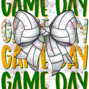 Könnte beinhalten: Ein weißer Volleyball mit schwarzen Linien ist zu einer Schleife gebunden, umgeben von grünem und gelbem Text "GAME DAY".