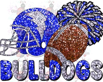 Può includere: Casco da football americano, pallone da football e pompon blu e argento glitterati con la parola "BULLDOGS" in blu e argento glitterato.