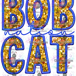 May include: A gold glitter applique with the letters "BOB" in blue outlined letters. Below the letters is the word "nation" in blue script. Below that is a gold glitter applique with the letters "CAT" in blue outlined letters.