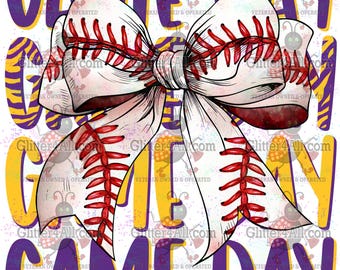 May include: A white baseball-themed bow with red stitching and a white background. The bow is surrounded by a purple and yellow background with the text "GAME DAY" repeated.