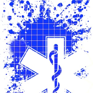 May include: A white medical symbol with a snake wrapped around a staff, set against a blue background with white paint splatters.