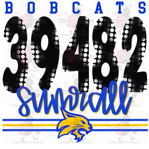 Op de afbeelding: Een grafisch ontwerp met het woord "BOBCATS" in blauw, de cijfers "39482" in zwart met witte stippen. Daaronder het woord "Sundiall" in blauw script, met een bobcat-logo en strepen.