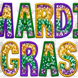 May include: Mardi Gras themed applique with the words "Mardi Gras" in gold, green, and purple glitter letters.