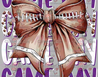 May include: A brown football-themed bow with white stitching and white accents. The words "GAME DAY" are in purple, with a gray background. The bow is the central focus, with a football design.