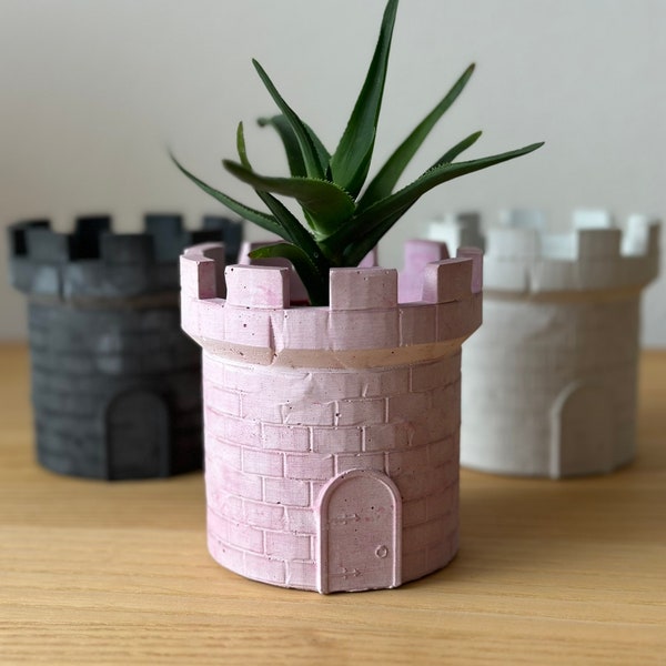 Handcrafted Concrete Castle Tower Planter with Drainage - Medieval Garden Decor - Perfect for Any Plant