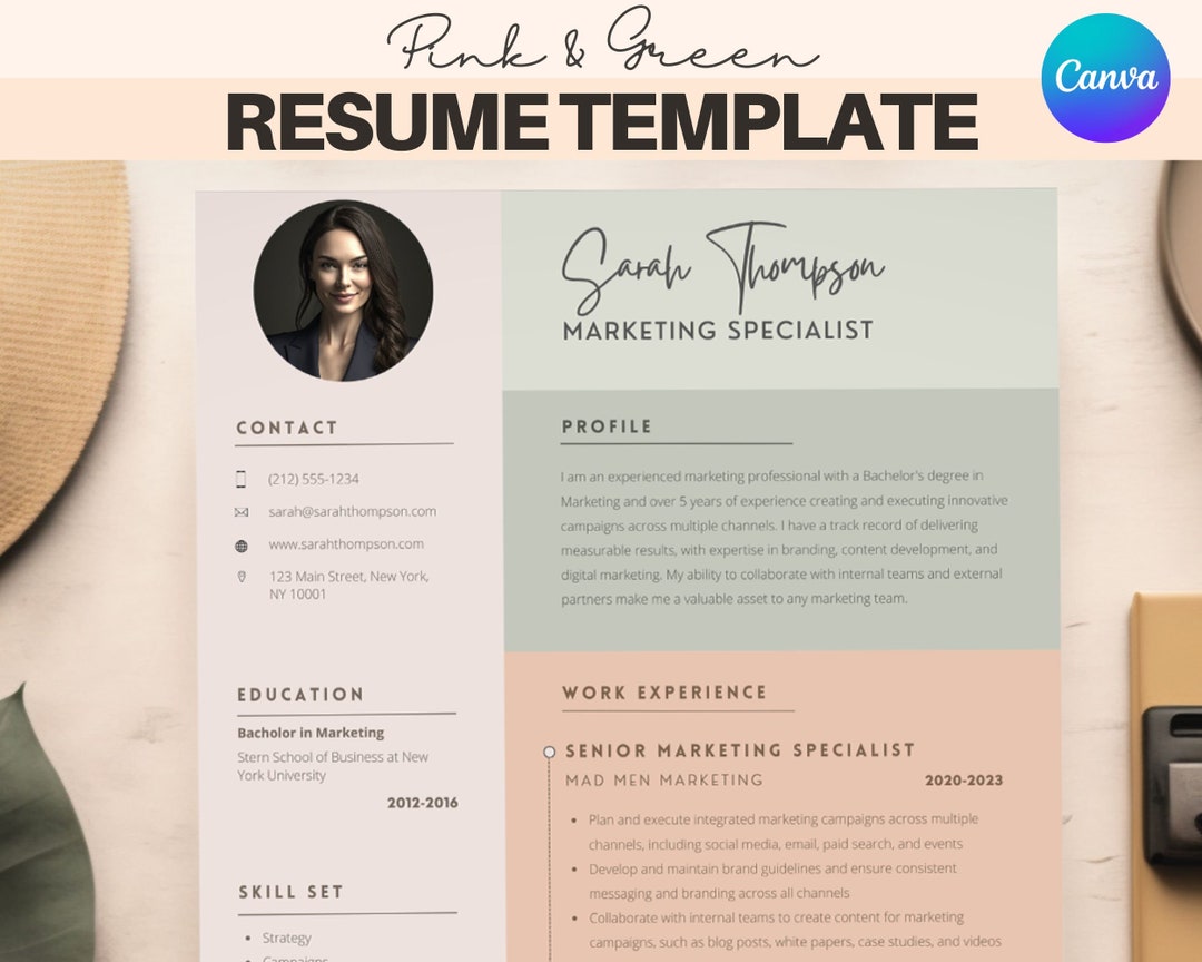 Modern Resume Template Canva Pink and Green CV Template for Canva and ...