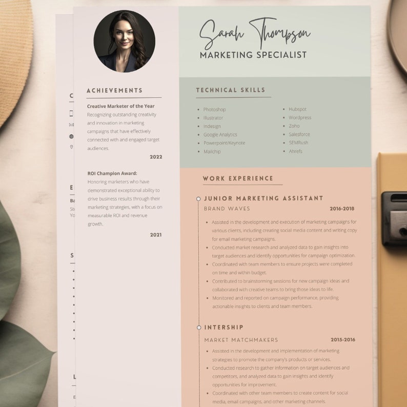 Modern Resume Template Canva Pink and Green CV Template for Canva and ...