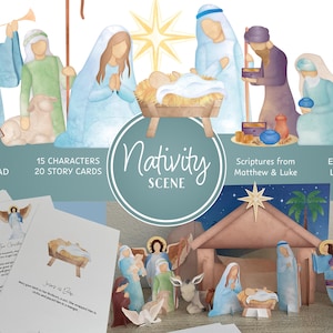 May include: A watercolour illustration of a Nativity scene, featuring figures, a stable, and story cards. The image includes the text "Nativity Scene", "Digital Download", "15 Characters 20 Story Cards", "Scriptures from Matthew & Luke", and "Easy Prep Low Cost".