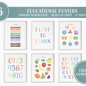 Conjunto de 6 carteles educativos, imprimibles en casa, carteles de aprendizaje en el aula Montessori, decoración de sala de juegos para niños pequeños, descarga digital