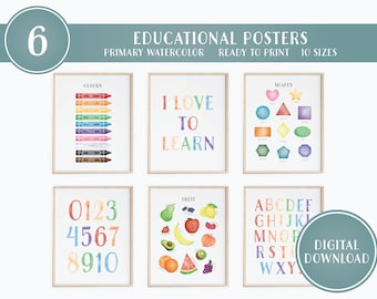 Set Of 6 Educational Posters, Homeschool Printable, Montessori Classroom Learning Posters, Toddler Playroom Decor, Digital Download