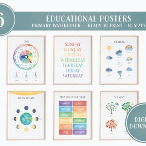 6 carteles educativos, clima, estaciones, días de la semana, meses, tiempo, luna, imprimibles de aprendizaje Montessori, escuela en casa preescolar para niños pequeños