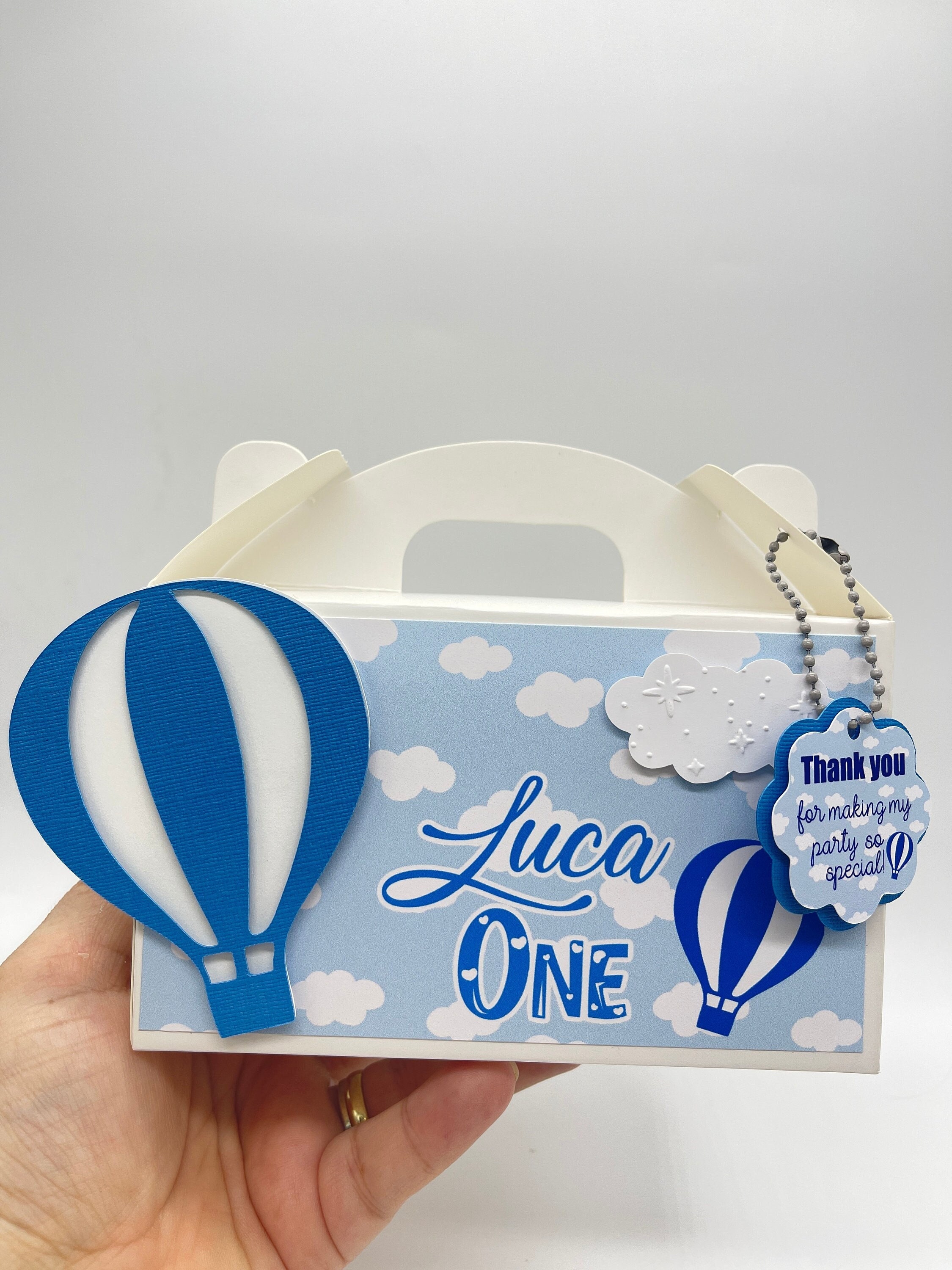 Heteluchtballon bedankdoos met label - babyshower bedankje - eerste verjaardag geveldoos - geschenkdoos - heteluchtballonversieringen