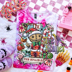 Carta de tarô Hollie-Ho, camiseta desenhada e tingida à mão, camiseta de Natal, camiseta assustadora