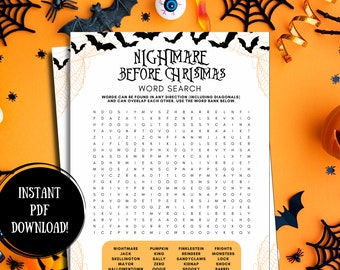 Spooky Word Search, Themed Party Games, Printable Word Search Game for Kids, Themed Puzzles, Jack and Sally Themed Word Search