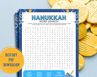 Hanukkah Word Search, Themed Party Games, Printable Word Search Game for Kids, Themed Puzzles, Hanukkah Holiday Themed Word Search