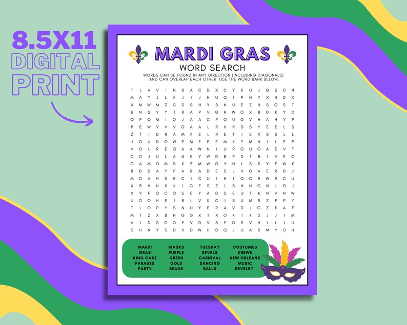 Mardi Gras Word Search, Themed Party Games, Printable Word Search Game