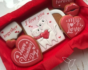 Valentine's Day Decorated Cookies Gift Box, Valentines Gift Cookie Set, Custom Cookies, Party Favors, Heart Cookies, Love | Kiss Cookies