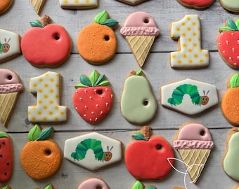 One Hungry Caterpillar 1st Birthday Decorated Cookies, A Veru Hungry Caterpillar, First Birthday, Custom Cookies, Baby Shower, Storybooks