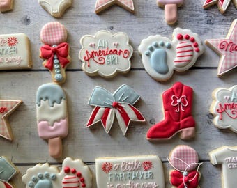 A Little Firecracker Is On The Way Baby Shower Decorated Cookies, Patriotic Cookies, Miss Americana, Custom Party Favors, Baby Sprinkle