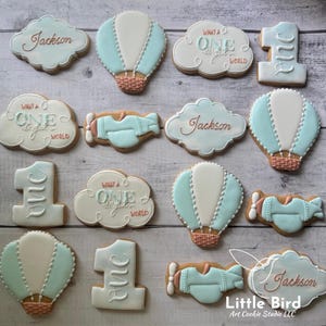 What a Onederful World 1st Birthday Decorated Cookies, Hot Air Balloon, Adventure Awaits, First Birthday, Custom Cookies, Baby Shower