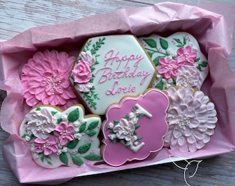 Floral Birthday Decorated Cookies, Party Favors, Birthday Gift, Custom Cookies, 40th / 50th Birthday, Personalized Individual Cookies, Pink