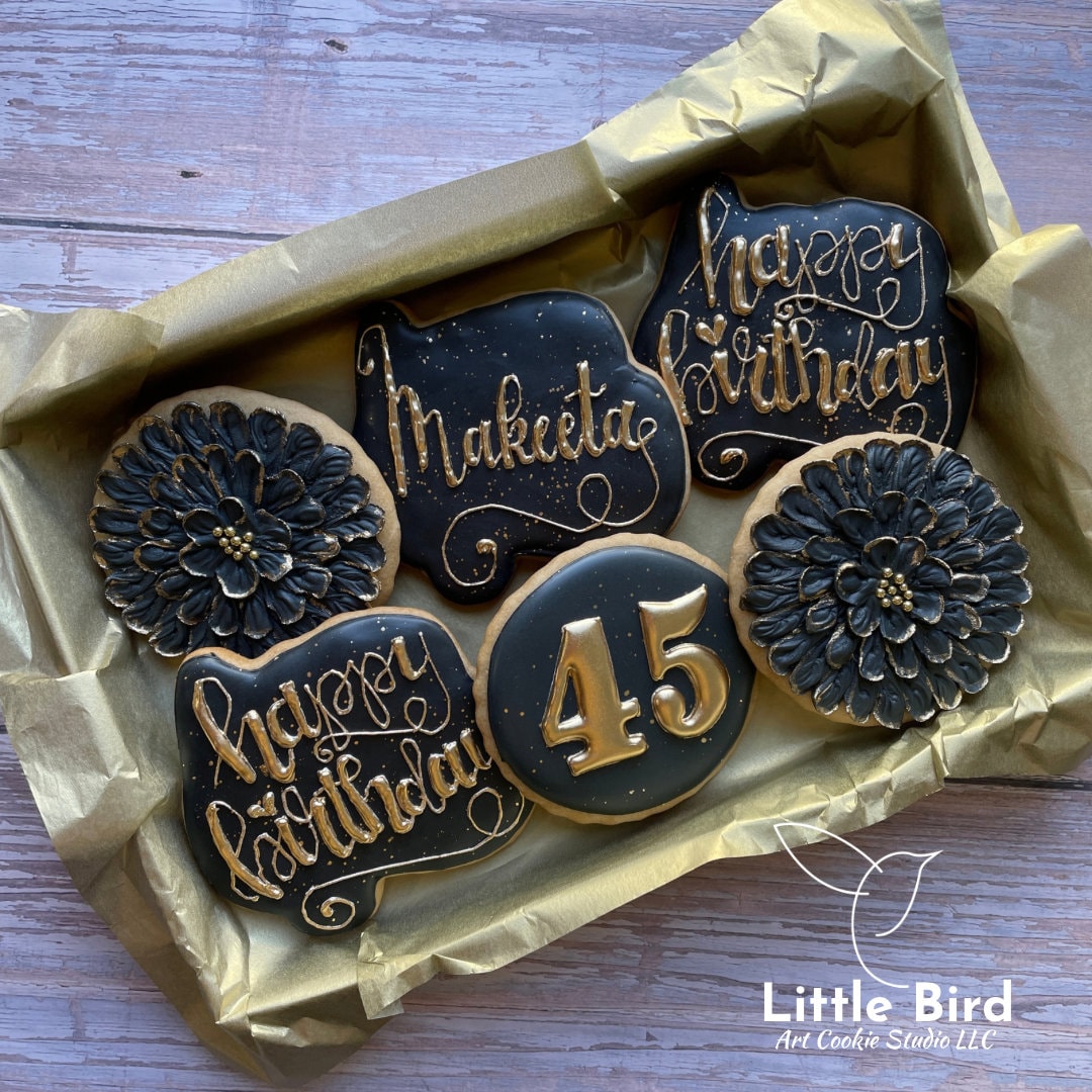 Birthday Decorated Cookies, Party Favors, Birthday Gift, Custom Cookies, 45th Birthday, Personalized Cookies, Floral Cookies, Black, Gold