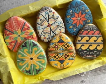 Ukrainian Pysanky Easter Eggs Decorated Cookies, Easter Gift, Easter Party Favors, Custom Cookies, Individual Cookies,