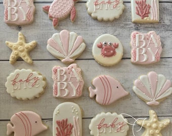Under The Sea Themed Baby Shower Decorated Cookies, Summer Baby, Beach | Pool Party Favors, Custom Cookies, Turtle, Shark, Fish, Seashell