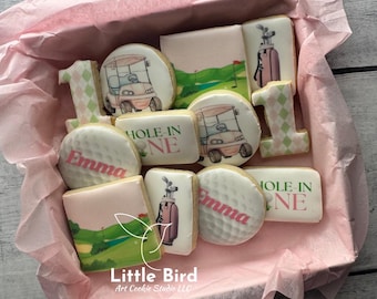 Hole In One Golf Themed Pink "MINI" Decorated Cookies, First Birthday Party Favors, Custom Cookies