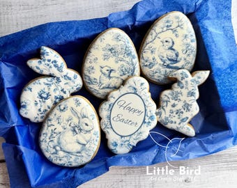 Toile De Jouy Easter Decorated Cookies, Easter Gift, Blue & White Toile De Jouy Easter Eggs, Easter Party Favors, Easter Bunny, Easter Egg