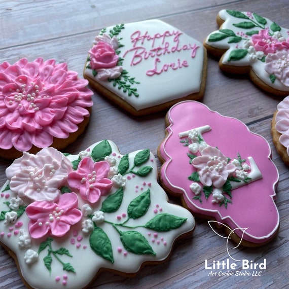 Floral Birthday Decorated Cookies, Party Favors, Birthday Gift, Custom Cookies, 40th / 50th Birthday, Personalized Individual Cookies, Pink