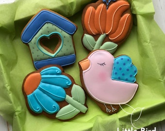 Spring Themed Decorated Cookies, Birdie Cookies, Birthday Cookies, Spring Party Favors, Floral Cookies, Bird Cookies, Custom Cookies, Gift