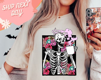 Skeleton Drinking Coffee Shirt, Comfort Colors Tshirts, Dead Inside tees,  Boho Tee, Vintage Inspired T-shirt, Funny Skeleton shirt, retro