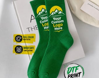 Custom Logo Crew Socks, Full Color DTF Printed Personalized Socks for Business