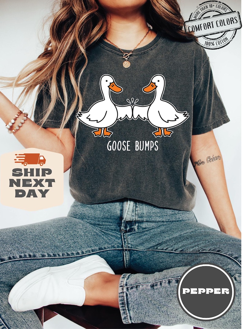 May include: A dark grey t-shirt with a graphic of two cartoon geese bumping fists. The text "GOOSE BUMPS" is printed below the geese. The shirt is being worn by a person sitting down.