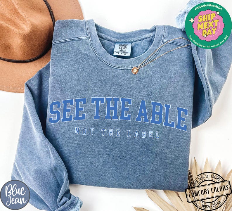 May include: A blue sweatshirt with the text "See the Able, Not the Label" in white lettering. The sweatshirt is made of a soft, comfortable fabric and has a vintage look.