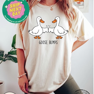 May include: A white t-shirt with a graphic of two cartoon geese bumping fists. The text "GOOSE BUMPS" is printed below the geese.