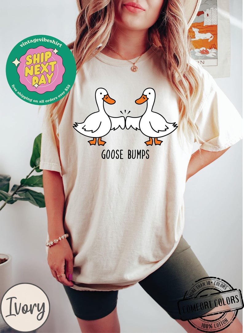 May include: A white t-shirt with a graphic of two cartoon geese bumping fists. The text "GOOSE BUMPS" is printed below the geese.