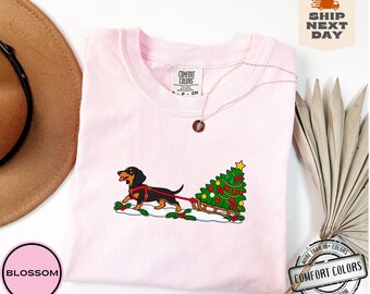 Comfort Colors Christmas Dachshund Shirt, Christmas Tree & Dog Sweatshirt