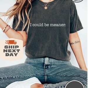 May include: Dark gray Comfort Colors t-shirt with the phrase "I could be meaner" in white. The shirt is 100% cotton. The model is wearing blue jeans and white sneakers. The image also includes the text "More than 10 colors" and "Pepper".