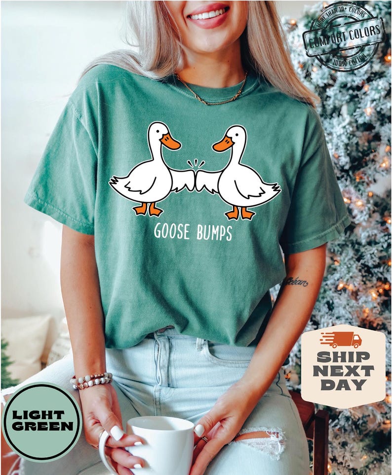 May include: A light green t-shirt with a graphic of two cartoon geese giving each other a high five. The text "Goose Bumps" is printed below the geese.