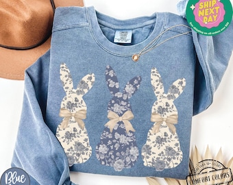 Coquette Bow Easter Bunny Comfort Colors®, Floral Bunny Shirt, Cute Easter Shirt for Women, Easter Crewneck, Rabbit Sweatshirt, Easter Gift