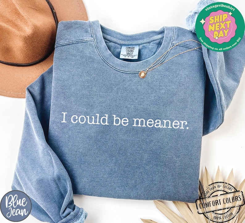 May include: A blue sweatshirt with the phrase "I could be meaner" in white lettering. The sweatshirt has a crew neck and long sleeves. A gold necklace is draped across the front. The image also includes a brown hat and a sticker that says "Ship Next Day".
