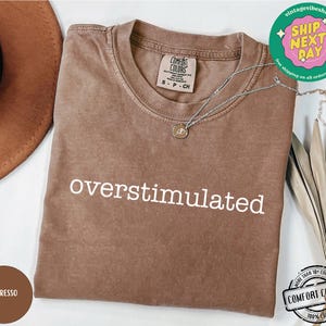 May include: Espresso-colored Comfort Colors t-shirt with the word "overstimulated" printed in white. The shirt has a crew neck and short sleeves. A silver necklace with a small pendant is draped on the shirt.