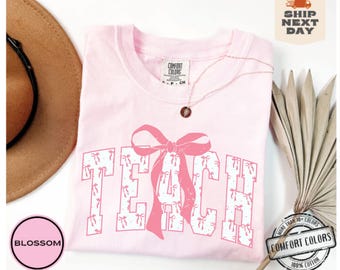 Coquette Bow teach Comfort Colors®, Teacher Shirts, Teacher Appreciation Gift, Aesthetic teacher Sweatshirt, Back to School Shirt, Pink Bows