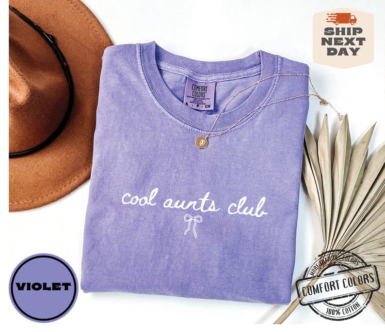 May include: A purple t-shirt with the text "cool aunts club" in white lettering. The shirt has a distressed look and a small bow graphic below the text.