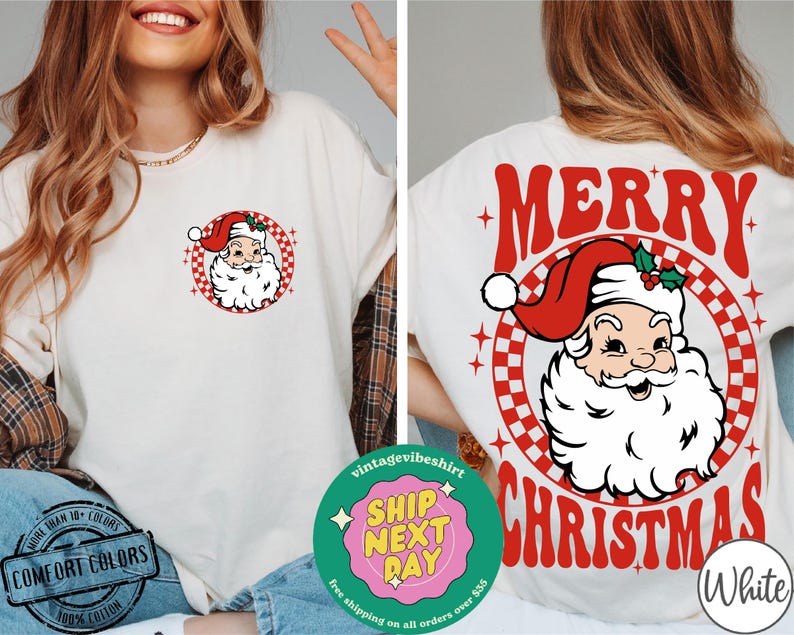 May include: White t-shirt with a red and white checkered circle design featuring a cartoon Santa Claus with the text "Merry Christmas" in red letters.